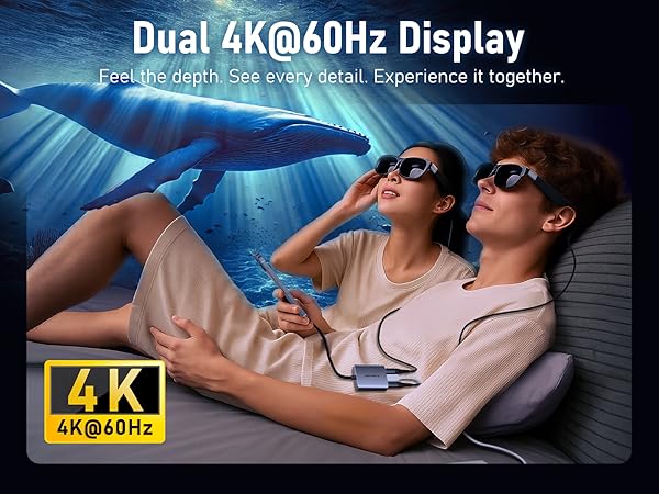 Text reads 'Dual 4K@60Hz Display'. Widescreen display setup showing multiple viewing angles with 4K resolution badge.