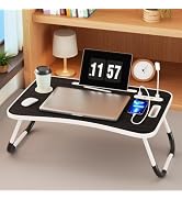 Foldable Laptop Table with Storage Drawer, Portable Bed Desk for Laptop, Computer Tray with Cup H...
