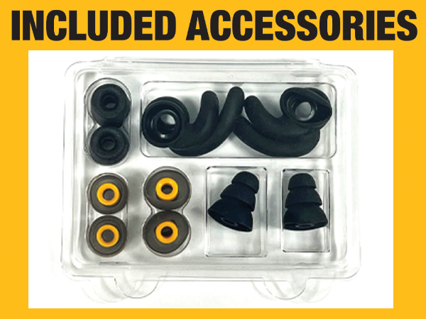 Included accessories, multiple ear cushions and fins, travel storage case