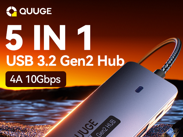 Text reads '5 IN 1 USB 3.2 Gen2 Hub 4A 10Gbps'. Product images showing USB hub device from multiple angles with illuminated elements.
