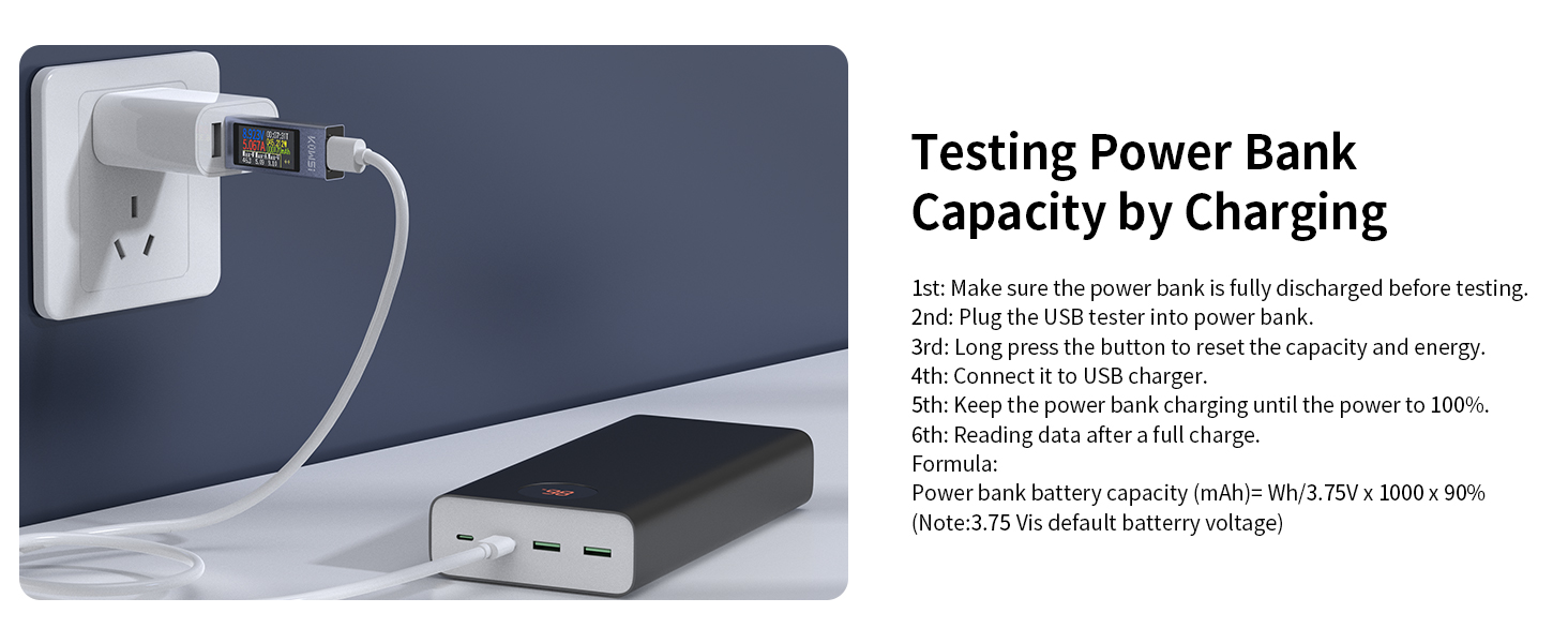 Black power bank connected to a wall charger. Text describes testing power bank capacity by charging, with instructions and specifications listed.