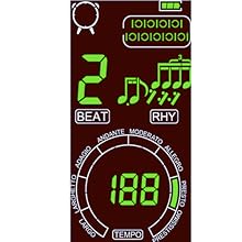 Digital metronome display showing tempo at 180 BPM, with beat and rhythm indicators, battery icon, and a circular tempo adjustment scale.