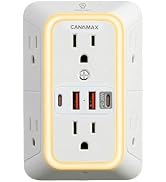 Multi Plug Wall Outlet Extender - 6 Outlet 4 USB Ports (20W Fast Charging) | Smart Night Light, 3...
