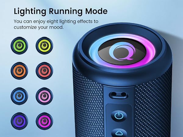 Text reads 'Lighting Running Mode'. Cylindrical bluetooth speaker with circular RGB lighting effects shown in multiple color combinations against blue background.