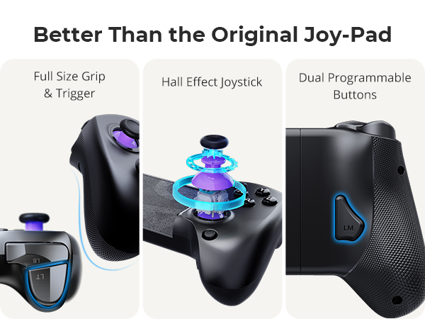 Text reads 'Better Than the Original Joy-Pad'. Close-up product images showing gaming controller features including full-size grip, Hall Effect joystick, and dual programmable buttons.