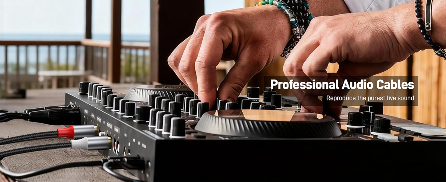 Text reads 'Professional Audio Cables'. Professional audio mixing equipment and cables shown in studio setting with various control interfaces.