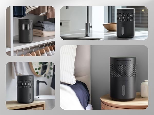 Cylindrical black device with perforated upper body and solid base. Shown in various home settings: bedroom, bathroom, and living areas. Likely an air purifier or humidifier.