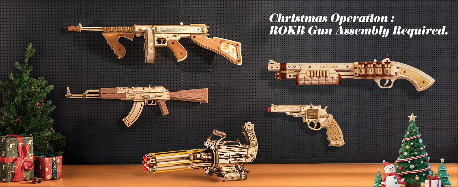 ROKR Gun 3D Puzzles for Adults, Wooden 3D Puzzle Rubber Bands Gun Toy, Rotating-Barrel Machine Gun, ...