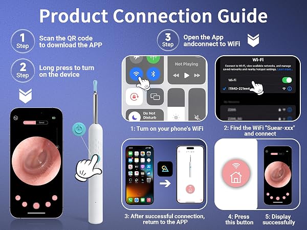 Product connection guide showing 5 steps to connect the wireless ear camera app via phone WiFi.