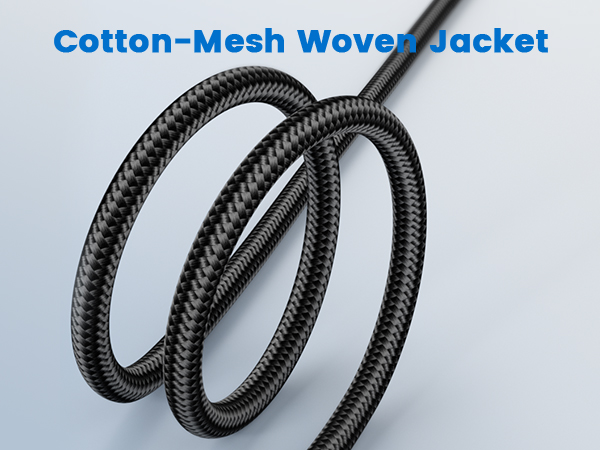 Text reads: 'Cotton-Mesh Woven Jacket'. Close-up views of black braided textile material shown from different angles.