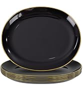 WDF 6PACK Black Oval Plastic Plates - 10"x12" Black and Gold Disposable Platters - Heavy Duty Ser...