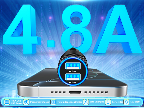 MFi Certified 4.8A USB Smart Power Cigarette Lighter USB Charger iPhone Car Charger Fast Charging