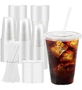 Clawsoff 16 oz 100 Pack Plastic Cups with Lids and Straws, Sturdy Food Safe Iced Clear Coffee Cup...