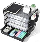 LEKETREE Desk Organizer and Accessories, 5-Tier Paper Letter Tray Organizer with Drawer &amp; 2 Pen H...