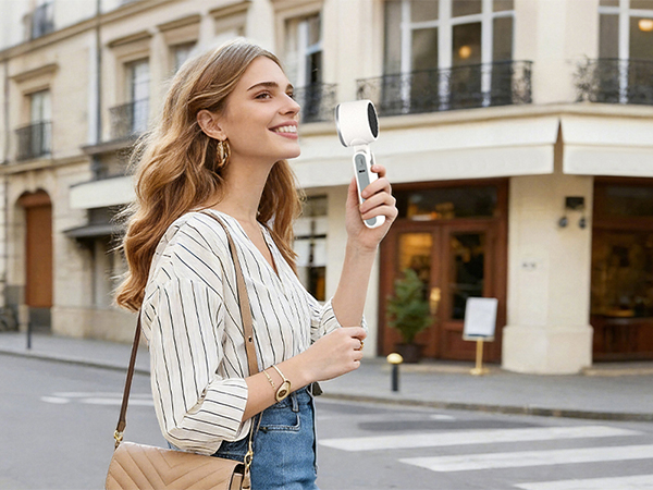 Woman walking in city holding white handheld fan stylish mini fan for holiday travel cooling