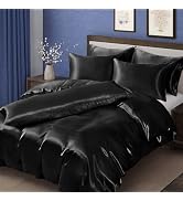 MILVOWOC 6 Pcs Black Satin Duvet Cover Full/Queen Size Set, Silky Bed Duvet Cover Luxury Satin Be...