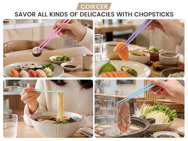 Coikcer colorful fiberglass chopsticks for sushi, ramen, hot pot, reusable daily dining utensils