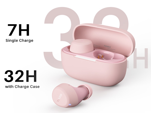 TOZO A1 earbuds with charging case showing 7 hours single charge and 32 hours total battery life