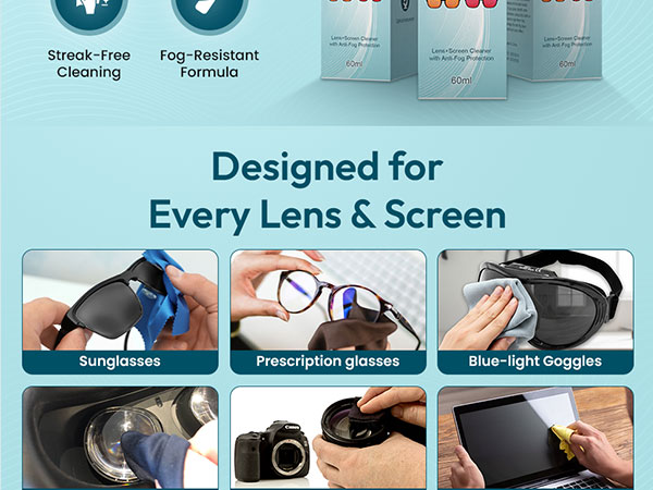 Cleaner spray safe for every lens and screen: prescription, sunglasses, VR, camera, and smartphone.