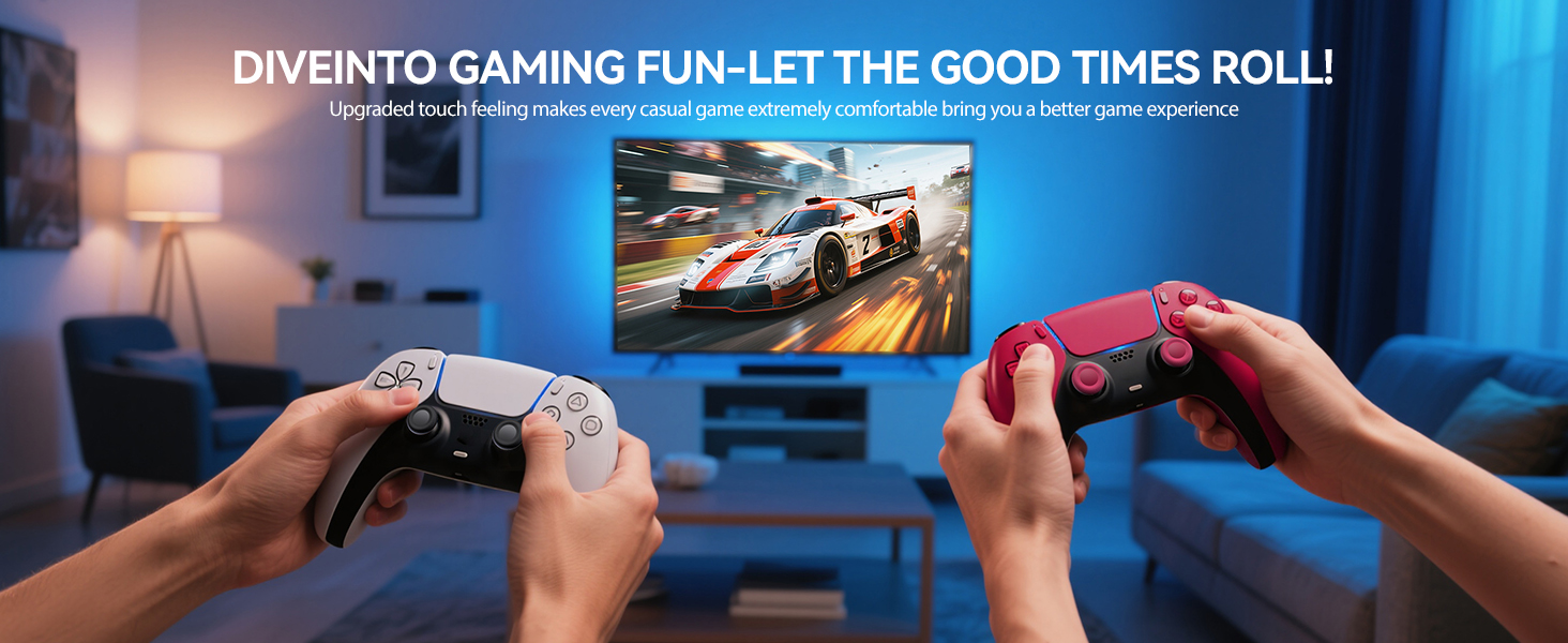 Text reads: 'DIVENTO GAMING FUN-LET THE GOOD TIMES ROLL!' Series of images showing hands holding gaming controllers in a blue-lit room setting.