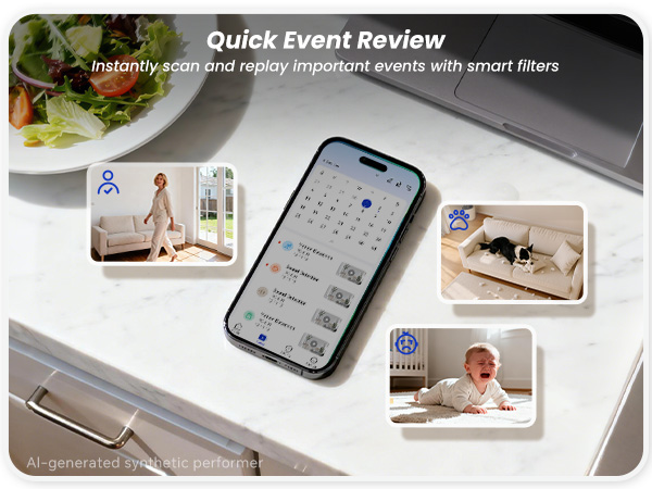 Phone displays veise camera app showing a June calendar with motion and detection of a cat, baby
