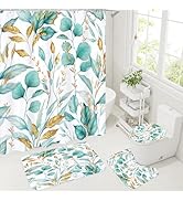 Litabel 4 Pcs Teal Gold Plant Shower Curtain Set with Non-Slip Rugs, Botanical Toilet Lid Cover a...