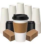 ECOEXTRA 16 oz Coffee Cups with Lids and Sleeves 100 Pack,White Leak-Proof Disposable Coffee Cups...