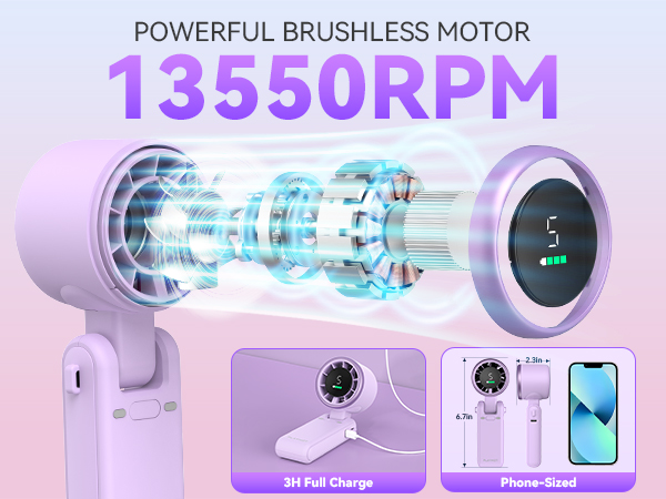 Powerful small fan brushless motor phone sized portable fan for travel compact purple travel fans