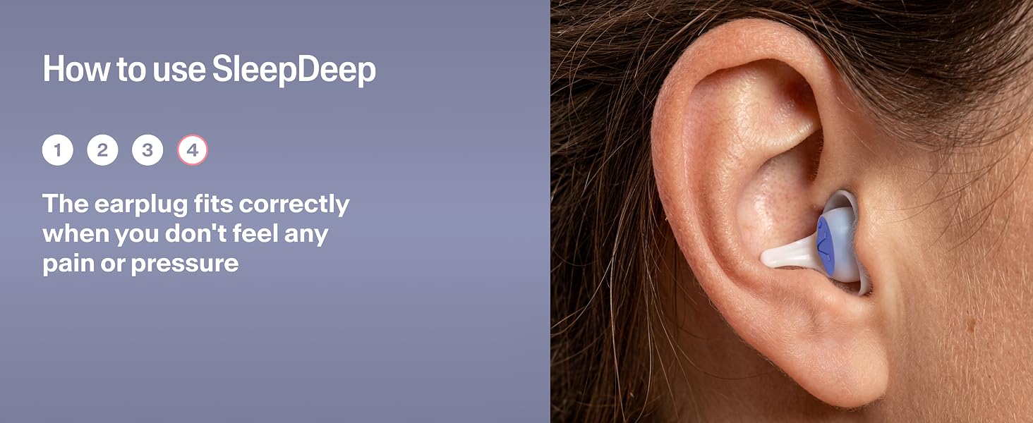 Step 4: SleepDeep earplug correctly fitted in ear, no pain or pressure