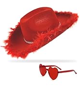 YBHOMINE Cowboy Hat with Heart Sunglasses - Cowgirl Hat with Feather Boa Brim for Women&amp;Men,Bache...