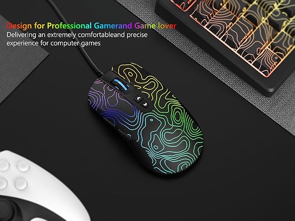 Wired Gaming Mouse,Black RGB Mouse,Computer Mouse Topographic