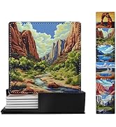 National Parks Coasters Square Leather Drinks Coaster Set with Holder for Coffee Table Bar Home D...
