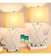 Set of 2 Touch Control Table Lamp, 3-Way Dimmable Table Lamp with USB Ports and Outlet, Modern Ni...