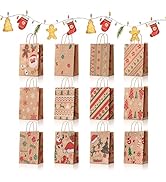 HATORI Christmas Gift Bags, 24 PCS Assorted Christmas Prints Kraft Gift Bags Bulk for Xmas Party ...
