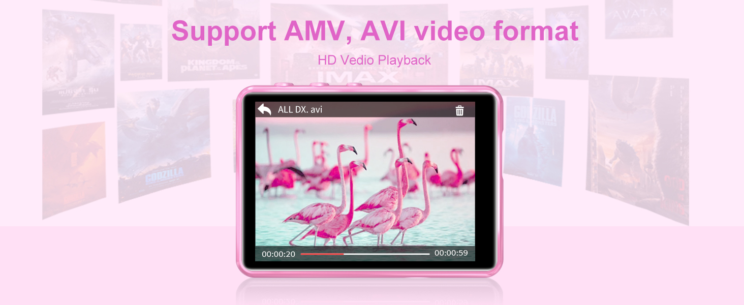 Pink digital device displaying flamingo video. Screen shows playback interface with timeline. Text indicates support for AMV and AVI video formats with HD playback.