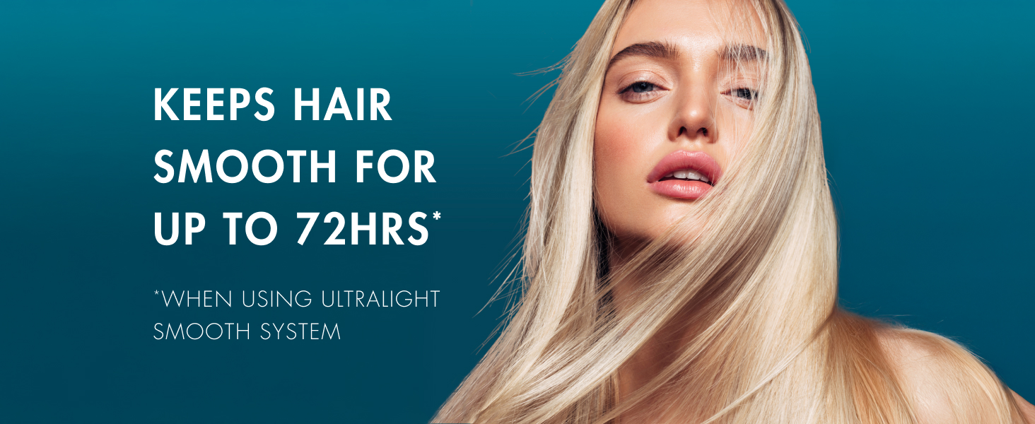 Woman with healthy-looking hair next to text about smooth results for 72 hours.