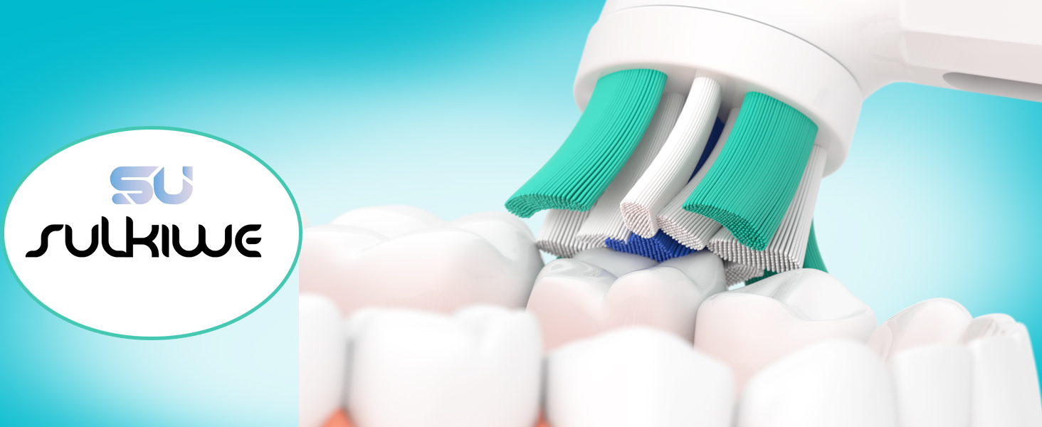 Close-up of toothbrush heads with teal-colored bristles positioned above white cubes, branded as Sulhiwe.