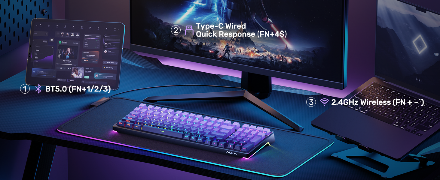 tri-mode connection wireless bluetooth mechanical keyboard gaming usb c wired computer keyboard pc