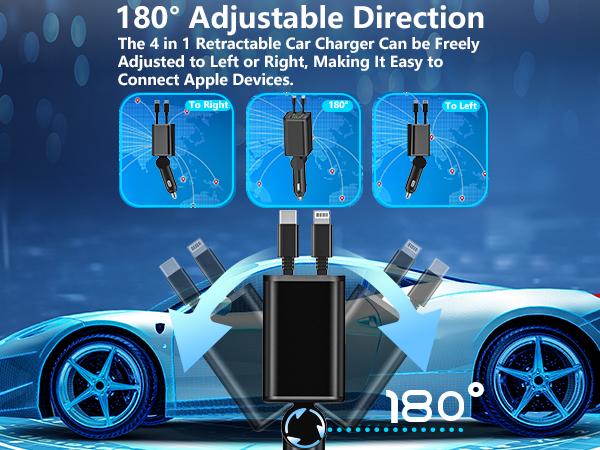 MFi Certified 4 in 1 Retractable Car Charger 120W USB C Car Charger Cigarette Lighter Adapter