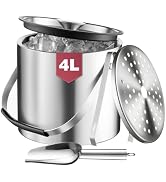 FrutPunch 4L Ice Bucket with Lid, Scoop, Tongs and Strainer, Double Wall Stainless Steel Ice Buck...