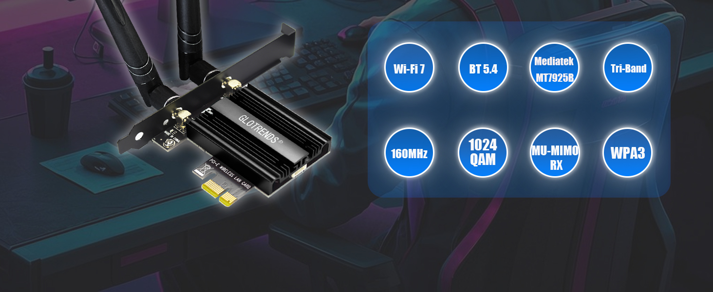 GLOTRENDS BE6500 WiFi 7 PCIe Card for AMD/Intel Desktop PC