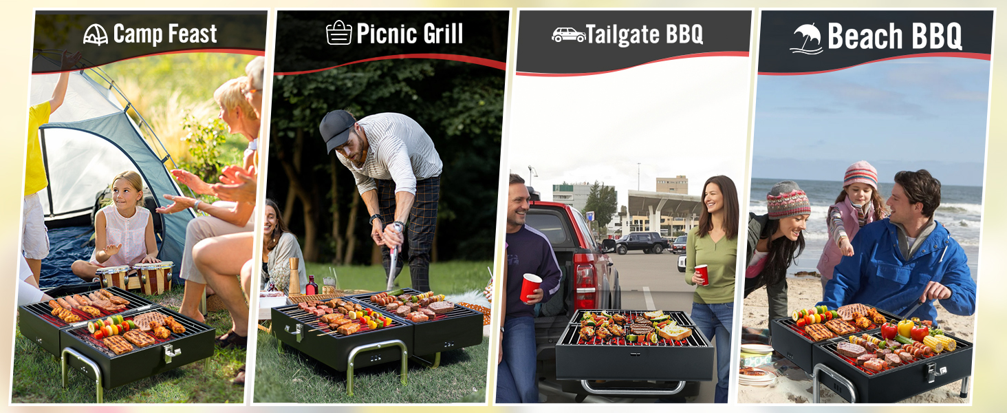 Portable grill shown in four outdoor settings: camp feast, picnic, tailgate BBQ, and beach. Demonstrating versatility for cooking in various environments.