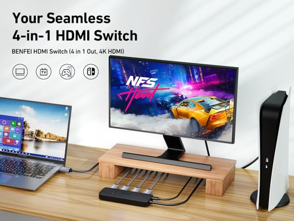 4-in-1 HDMI switch with laptop, gaming console, and monitor setup. Wooden stand holds monitor, switch connects multiple devices seamlessly.