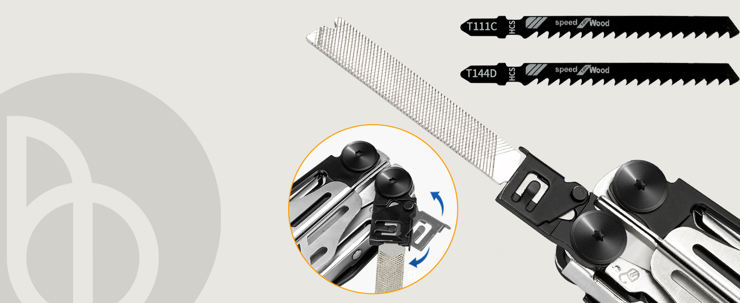 Assorted tools including two jigsaw blades, a multi-tool with various attachments, and a circular object in the background.