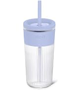 Ello Ava 18oz Glass Tumbler with Straw and Lid | Premium Ribbed Glass with Silicone Grip, Car Cup...