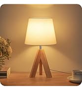 GOEBLESON Small Tripod Table Lamp, Modern Nightstand Lamp with Fabric Shade, Boho Bedside Wood De...