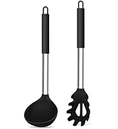 TeamFar Silicone Pasta Fork and Ladle Spoon Set, 2 Pcs Large Nonstick Kitchen Utensils with Stain...