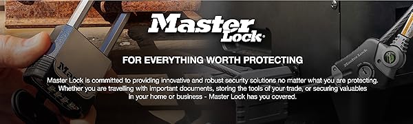 A master lock banner showing a heavy-duty padlock and an Python cable lock
