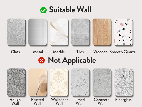 Text reads 'Suitable Wall', 'Not Applicable'. Material compatibility chart showing various surface types including Glass, Metal, Marble, Tiles, Wooden, Smooth Quartz, and others with icons.