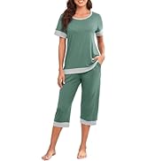 PrinStory Women's Pajama Set Short Sleeve Shirt and Capri Pants Sleepwear Pjs Sets Lounge Set